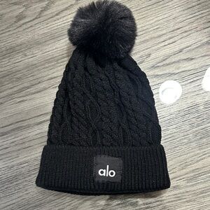 Alo  Black Pom Beanie - Cable Knit Winter Hat